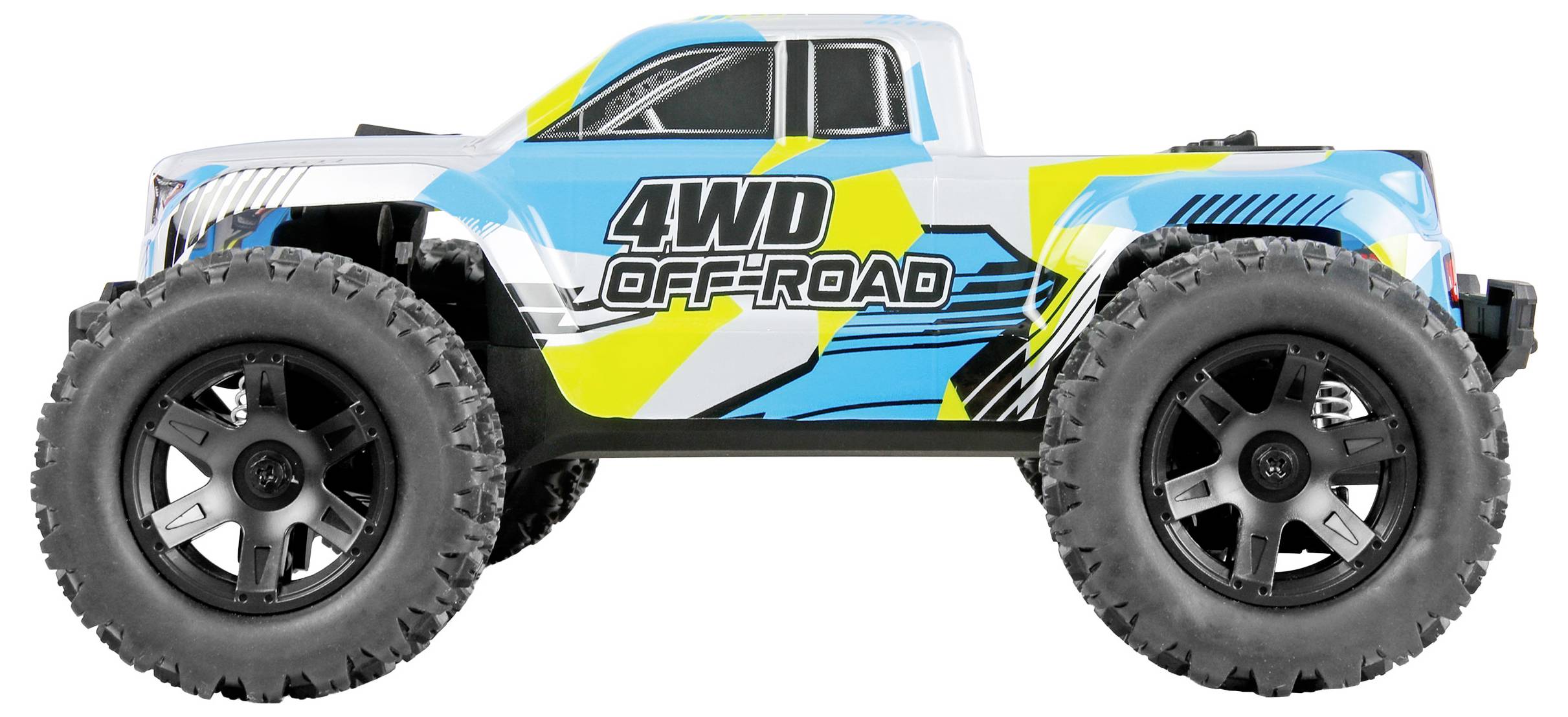 Side view of a blue-and-yellow 4WD off-road RC truck with large knobby tires on a white background.