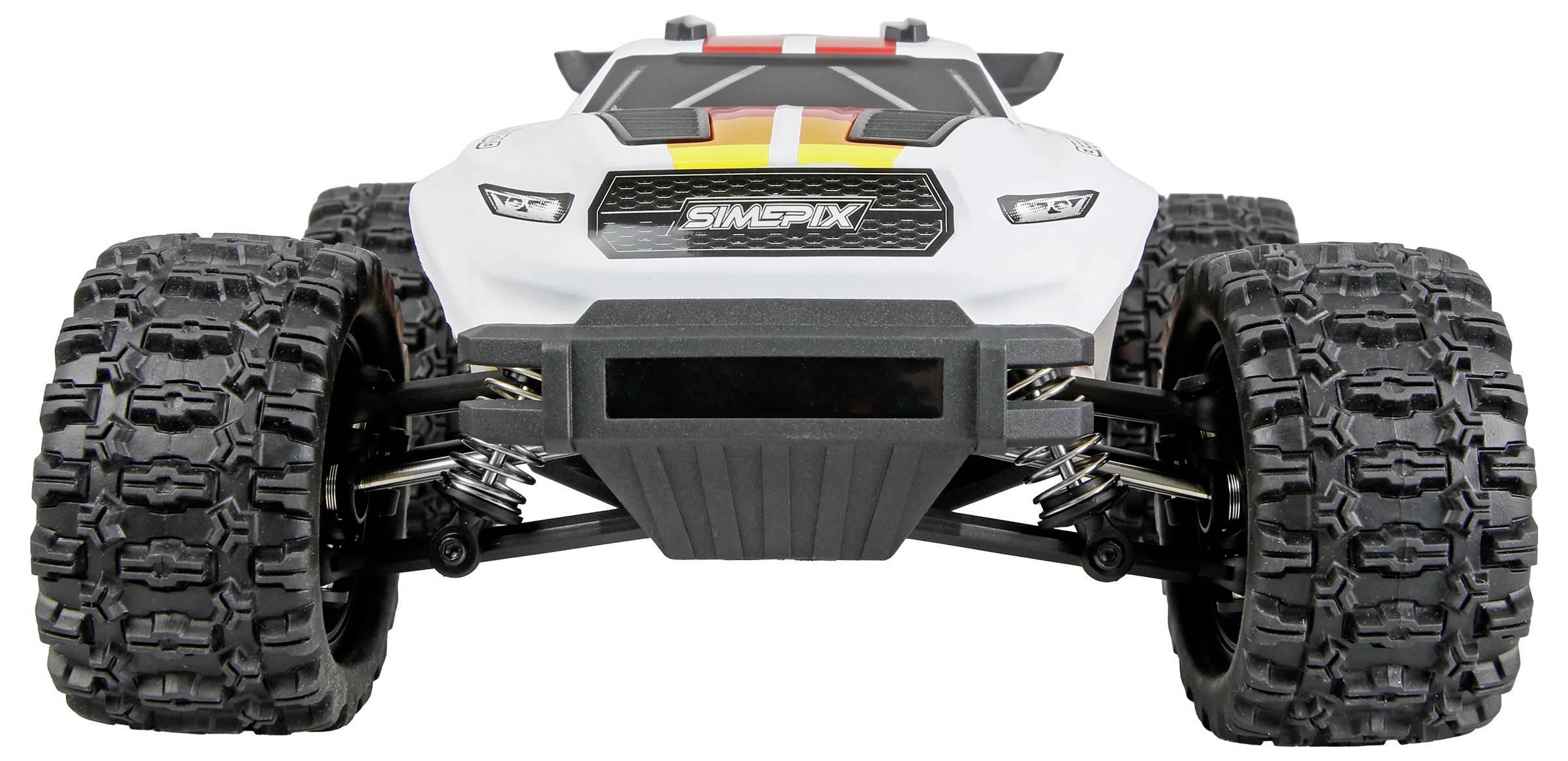 Front view of a white remote-controlled off-road buggy with oversized knobby tires and a central grille.
