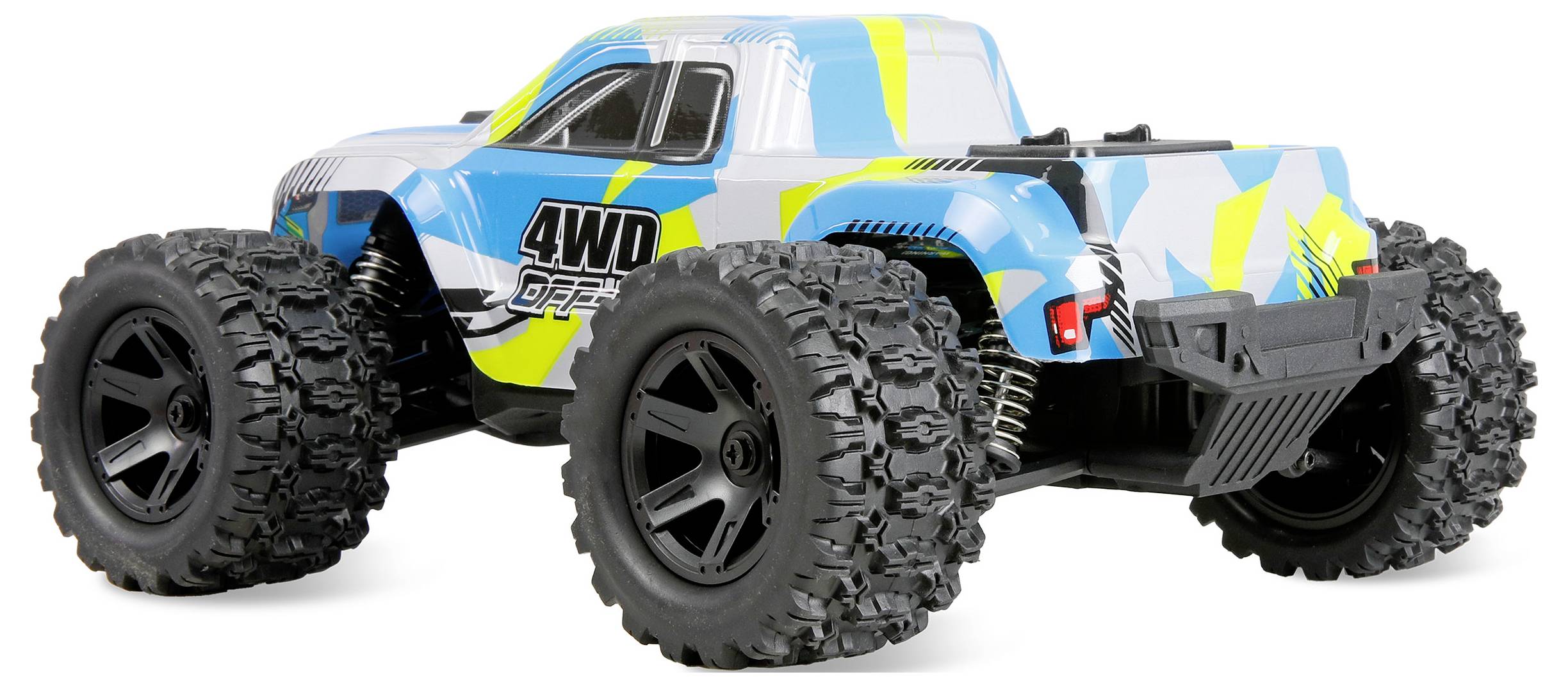 Blue and yellow 4WD off-road toy truck with large knobby tires, shown in side view on a white background.
