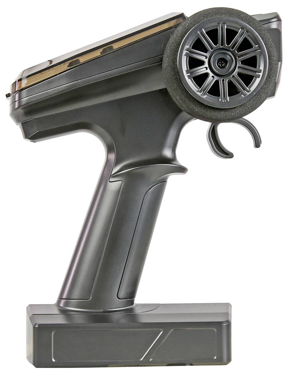 Black handheld remote control with a large wheel and trigger, shown on a white background.