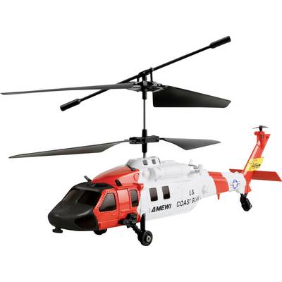 Toy U.S. Coast Guard helicopter with black twin rotors, red nose and tail, and white fuselage, shown on a white background.