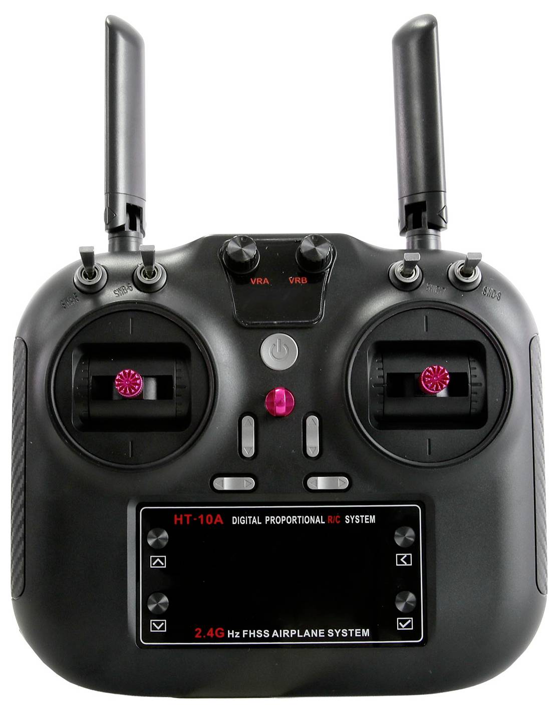 Front view of a black RC airplane remote controller with two antennas, dual joysticks, and a central digital display labeled HT-10A and 2.4G Hz FHSS AIRPLANE SYSTEM.