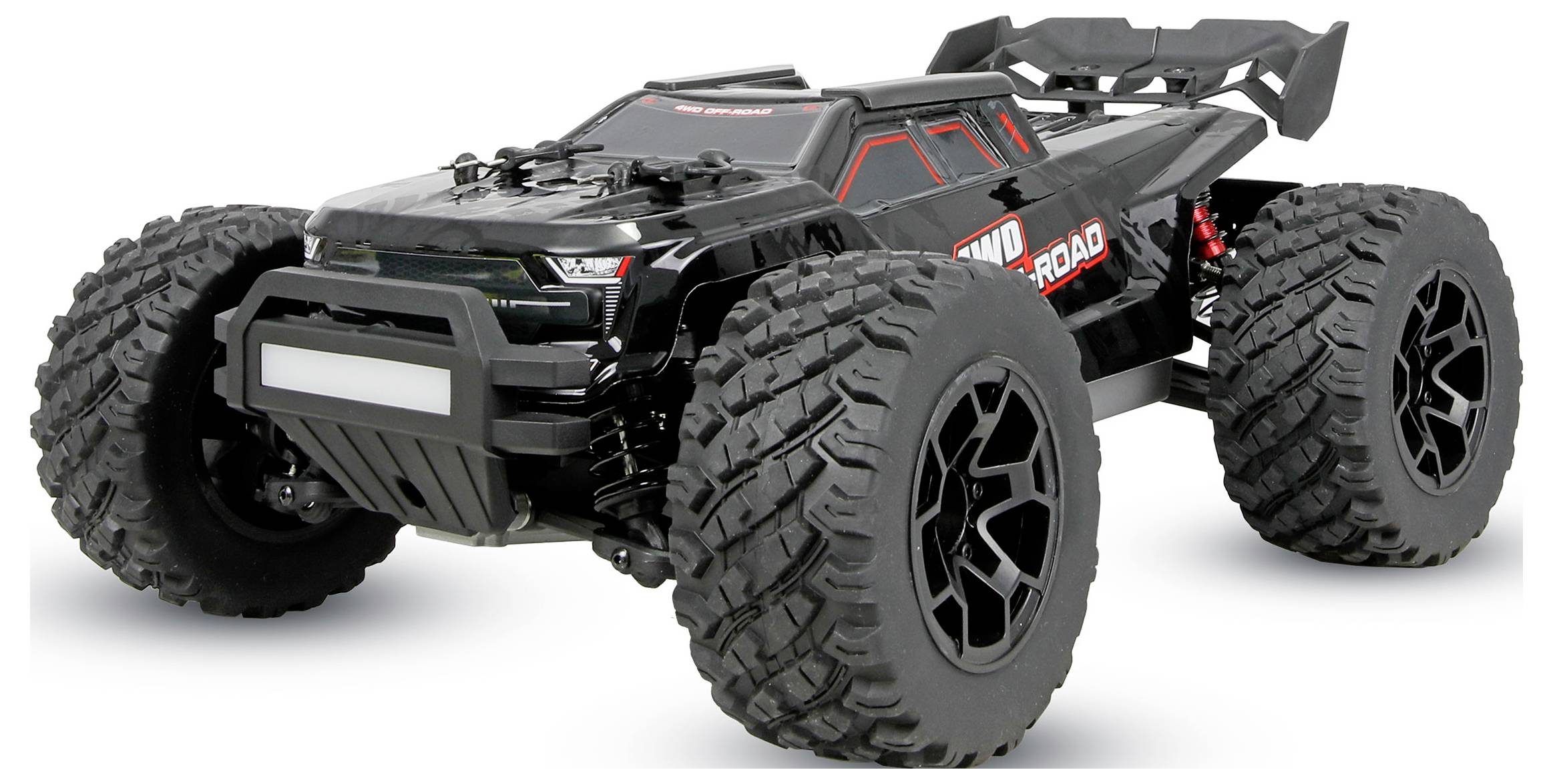Black remote-controlled off-road monster truck with oversized tires and a rugged body on a white background.