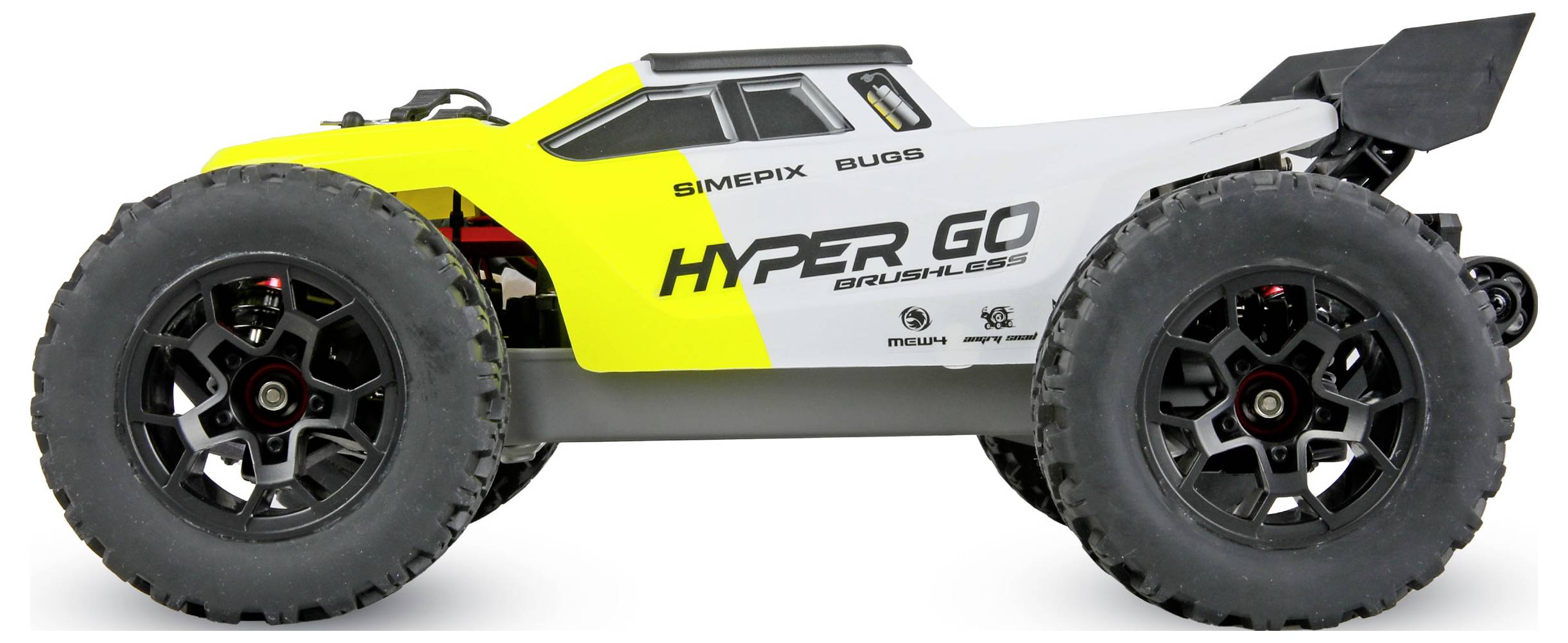 Side view of a yellow and white remote-control off-road buggy labeled 'HYPER GO', with oversized tires and a rear spoiler on a white background