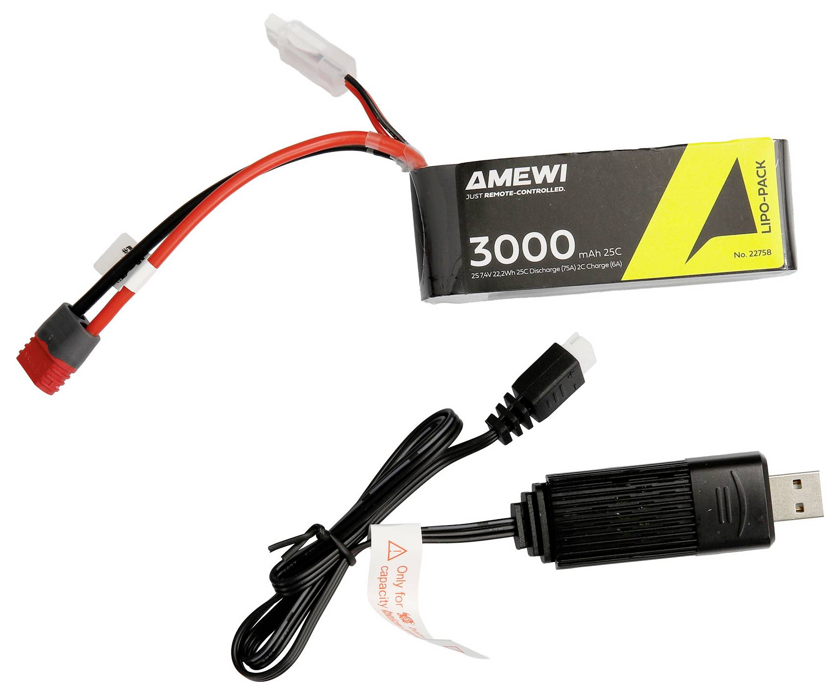 RC battery pack and USB charger cable on a white background.