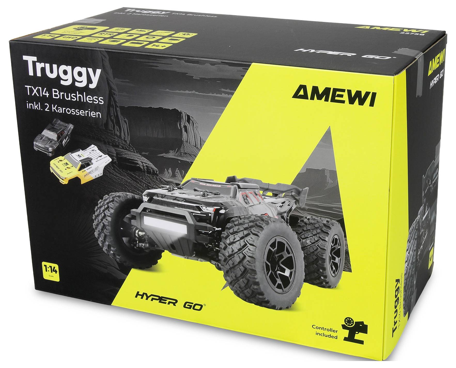 Boxed AMEWI Truggy TX14 Brushless RC car kit, showing the 1:14 Hyper Go model and remote controller included.
