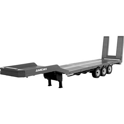 AMEWI flatbed trailer model with rear loading ramps, tandem three-axle wheels, and front support leg on a white background.