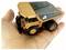 A small toy dump truck model resting in an open hand, shown close up against a white background.
