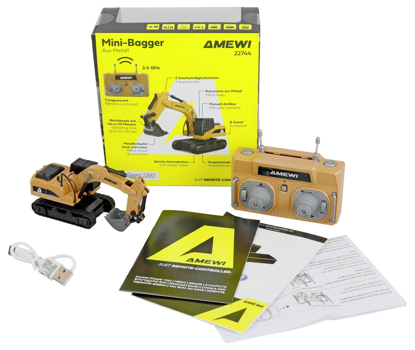 AMEWI Mini-Bagger remote-control toy excavator set with controller, battery, charger, manuals, and packaging.