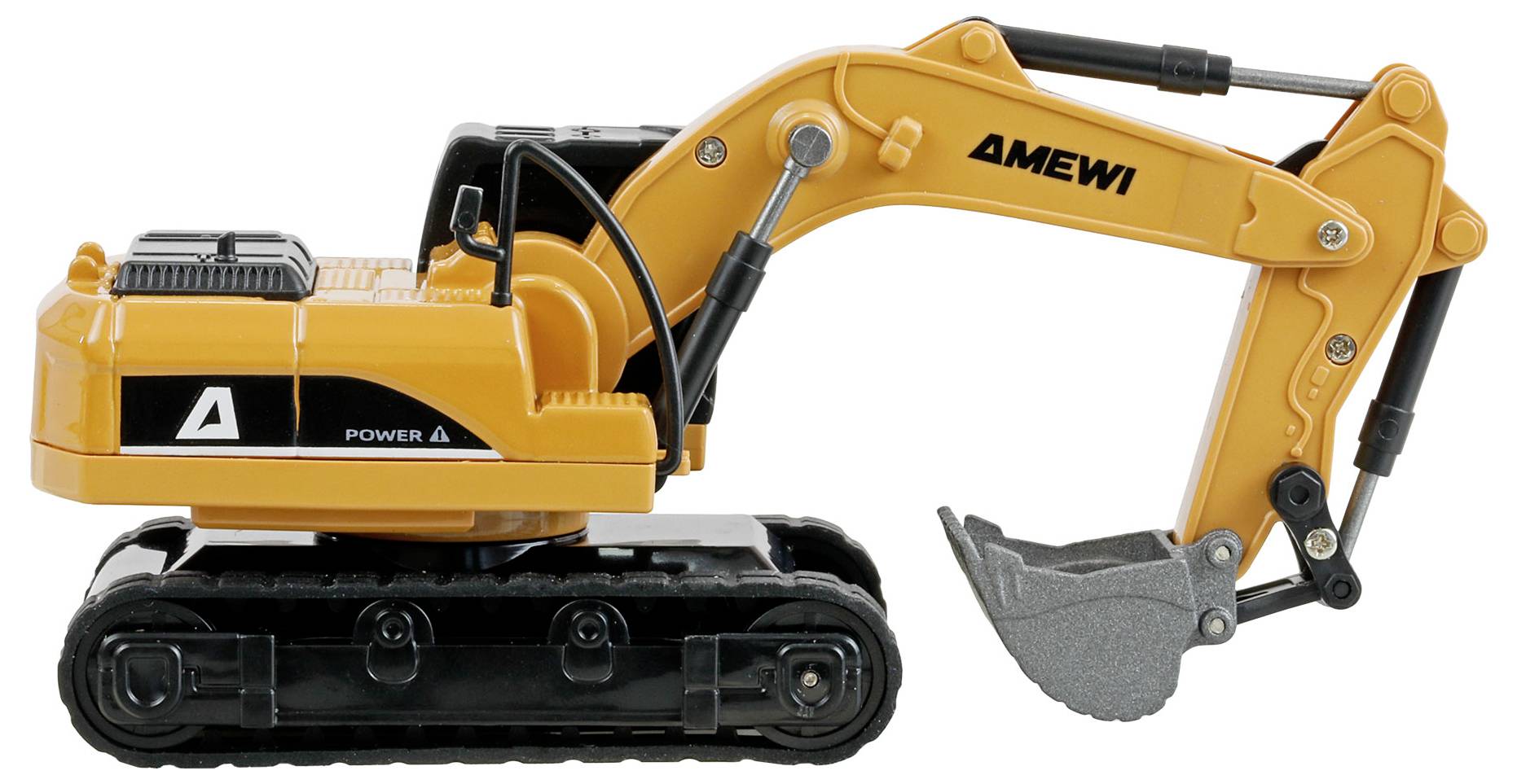 Side view of a toy excavator with black tracks, orange arm, gray bucket, and 'AMEWI' branding on a white background.