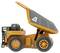 Orange toy dump truck with raised tipping bed, shown in side view on a white background.