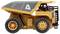 Side view of an orange toy dump truck with a raised bed and oversized black wheels on a white background.