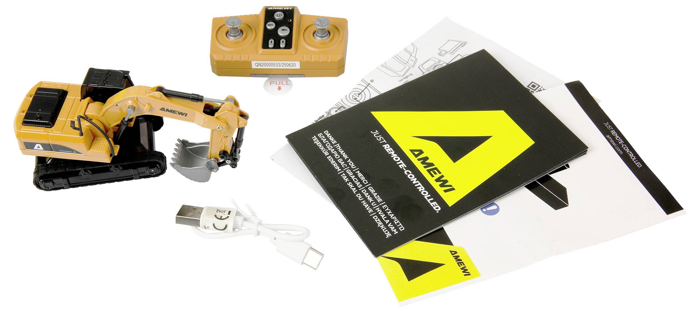 Product kit with a yellow remote-control excavator, handheld controller, charging cable, and AMEWI instruction booklet and papers on a white background.