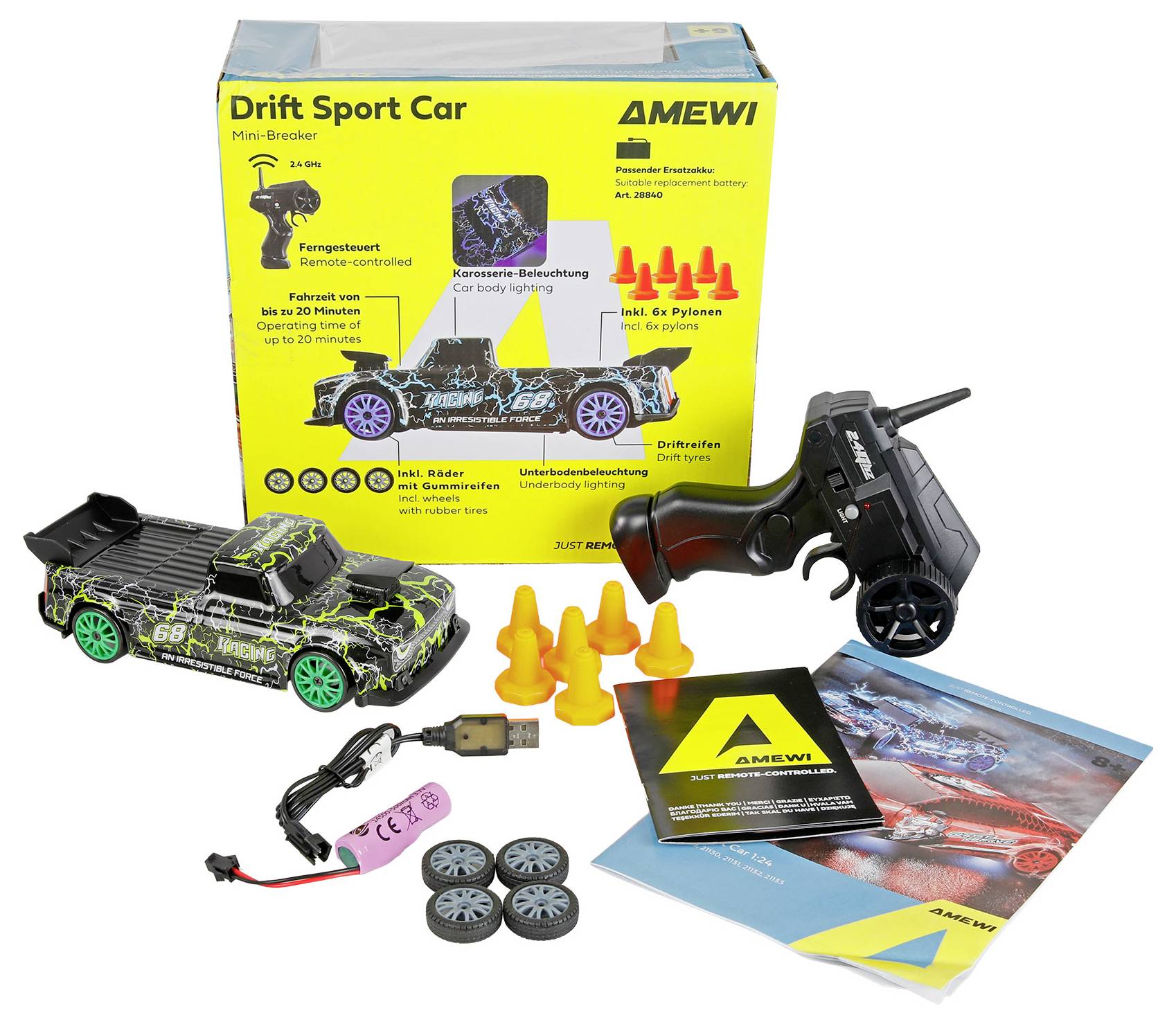AMEWI Drift Sport Car mini remote-controlled car set with controller, battery, charger, cones, wheels, and instruction booklets shown with packaging.