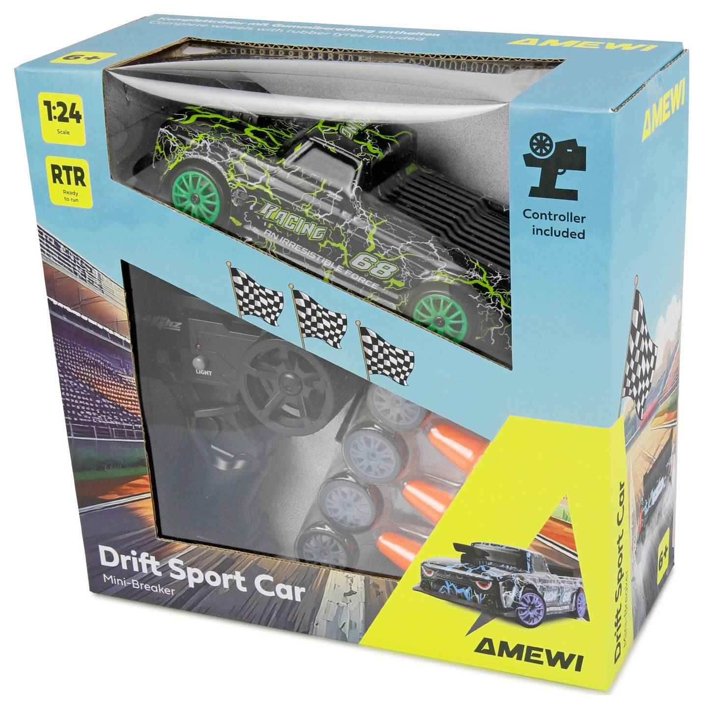 AMEWI Drift Sport Car RC toy packaging showing a 1:24 ready-to-run drift car with controller included and image of the car in the box.