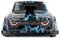 Front view of a black monster-truck toy with blue lightning graphics and red eyes on a white background.