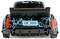 Rear view of a black toy race car with blue lightning graphics, red taillights, and plate 'HB-965' on a white background.