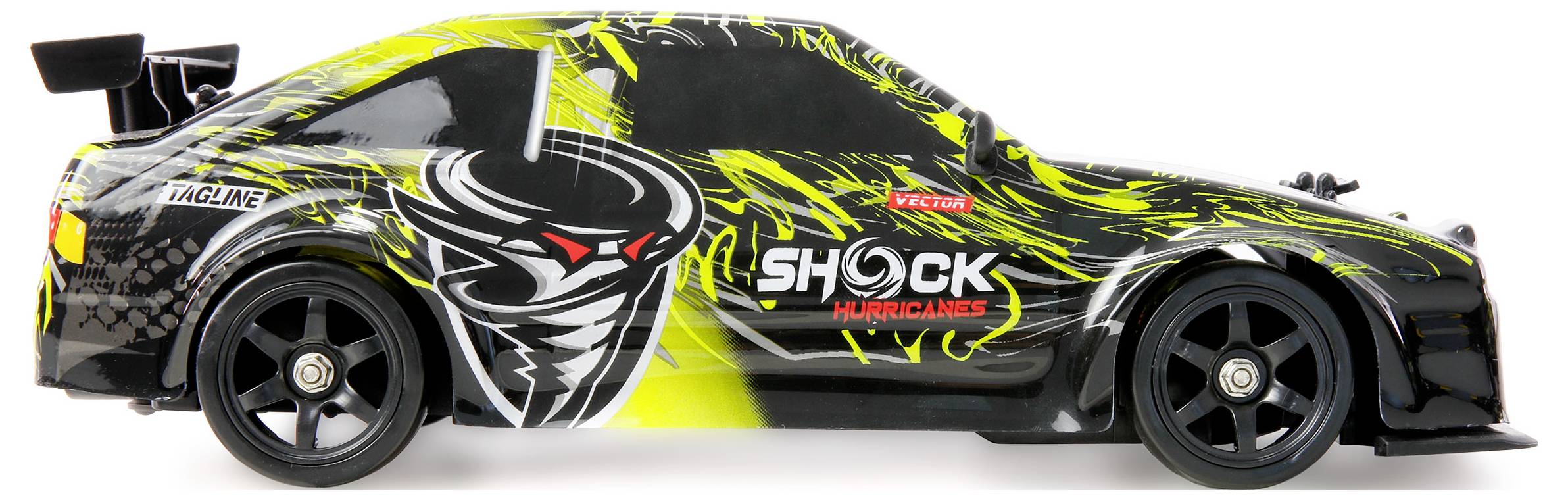 Black and neon yellow 'Shock Hurricanes' race car with a large hornet graphic on the side, shown in profile on a white background
