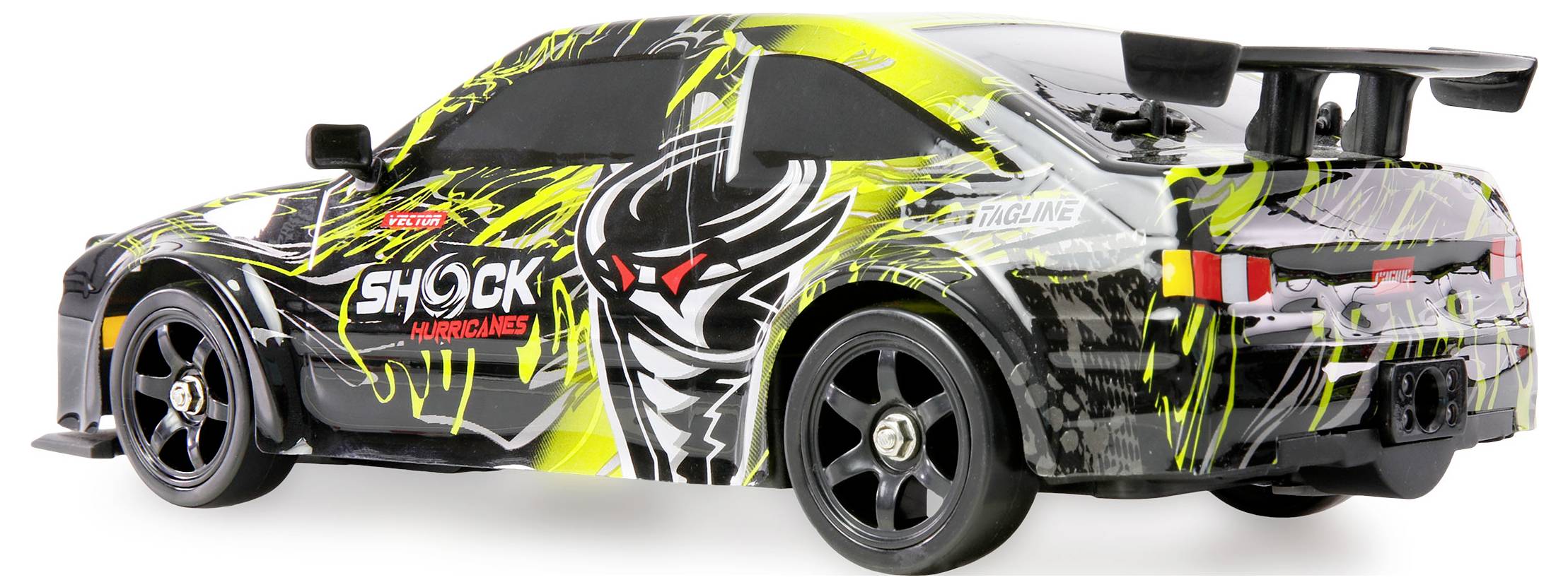 Black-and-neon yellow Shock Racing sports car with a large rear wing, shown in side view on a plain background.