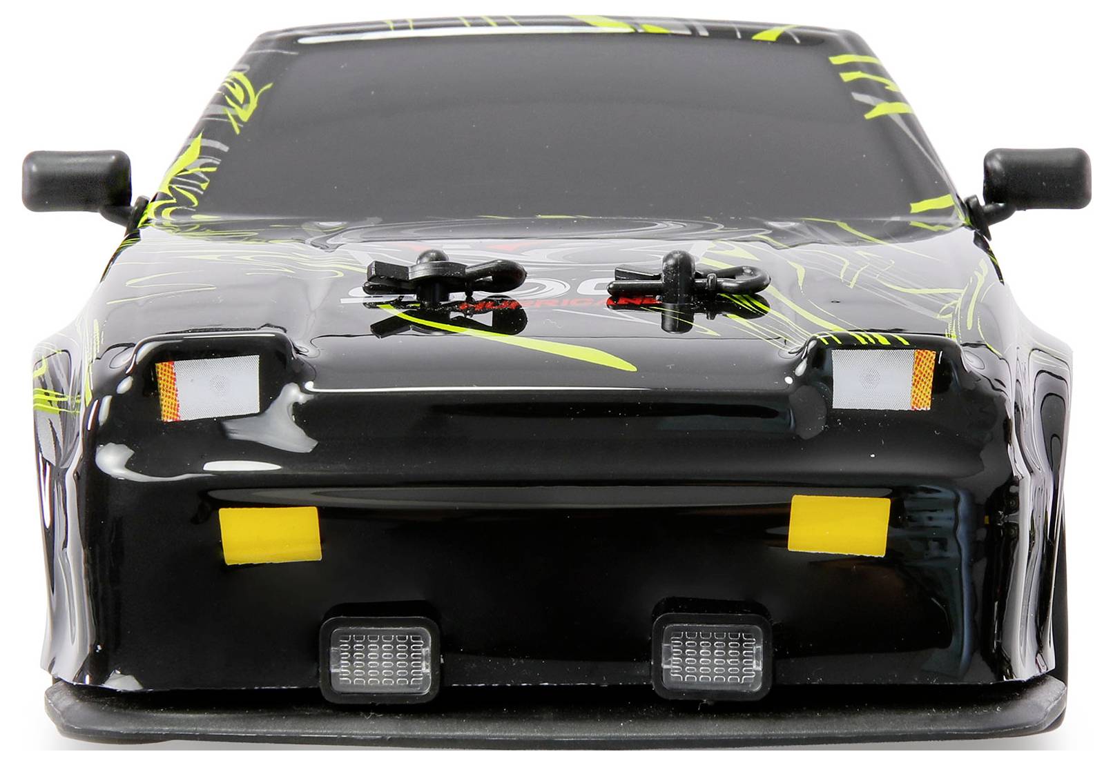 Black remote-control race car with neon yellow accents, front view, low and wide with headlights and hood-mounted details.
