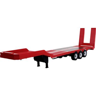 Red flatbed semi-trailer with a raised gooseneck and three rear axles, shown on a white background.