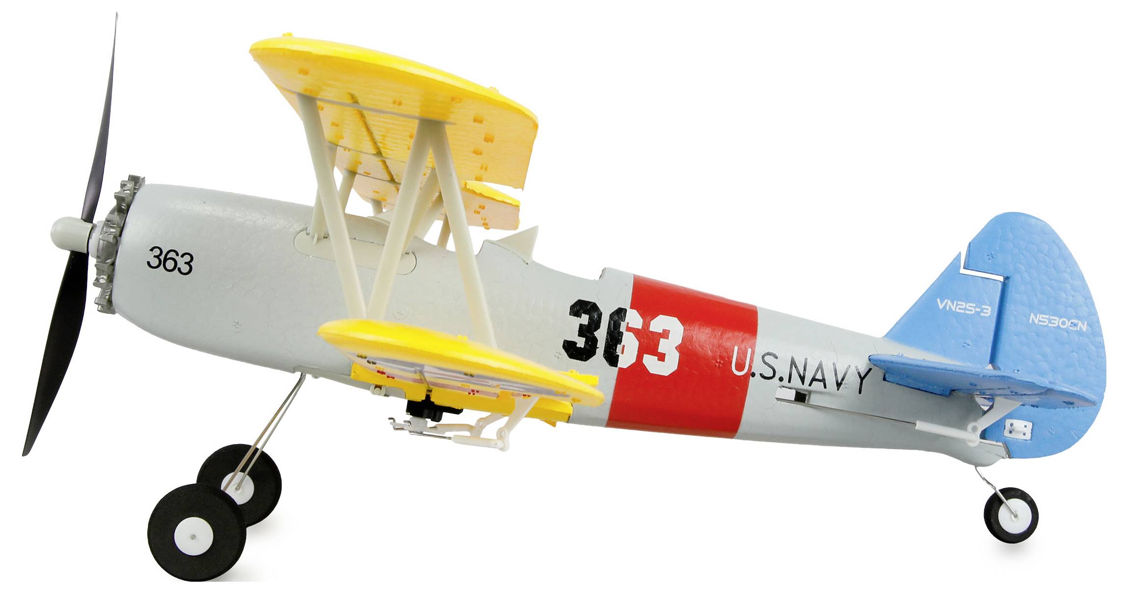 Side view of a U.S. Navy biplane model with black propeller, gray body, yellow wings, red stripe, and blue tail marked '363'.