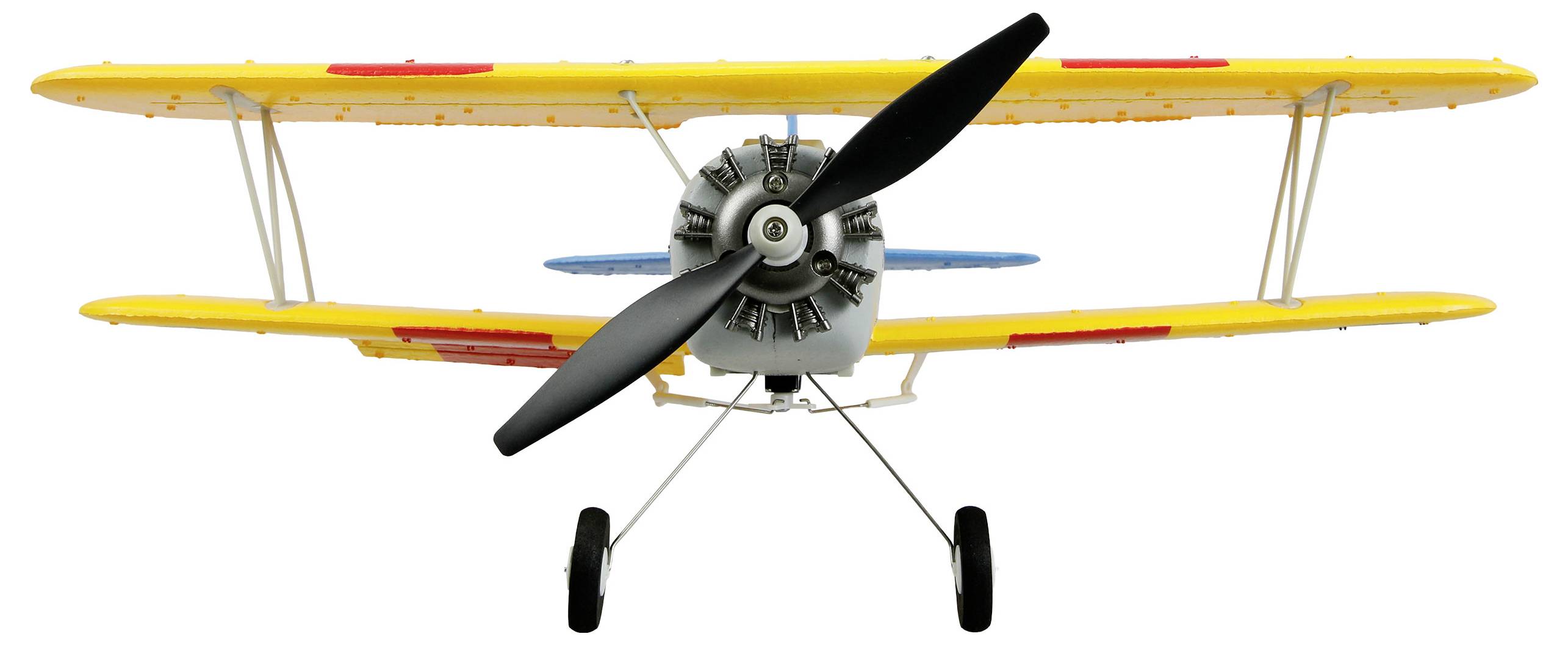 Front view of a yellow biplane with a black propeller, shown isolated on a white background.