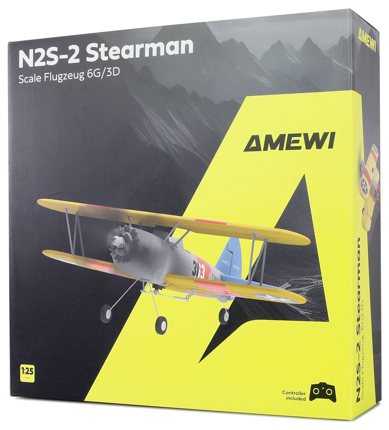 Box packaging for an AMEWI N2S-2 Stearman scale 6G/3D model airplane, showing a biplane flying in front of a large yellow A logo.