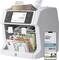 A banknote counting machine counts euro bills while a smartphone app shows the connected device status and open count.