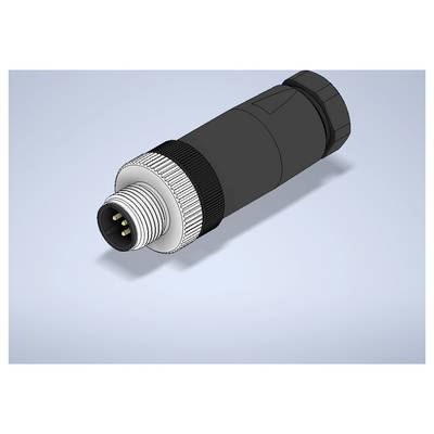 3D rendering of a cylindrical industrial electrical connector with threaded metal front and black housing on a light blue background.