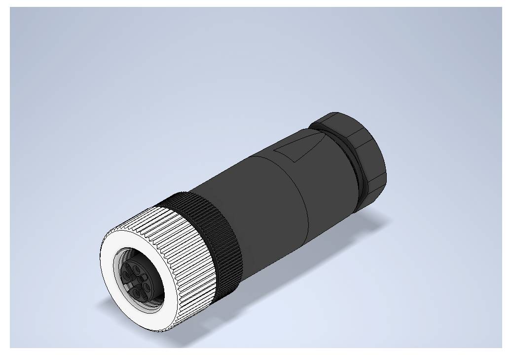 3D rendering of a black cylindrical cable connector with a white threaded front ring on a light blue background.<br>