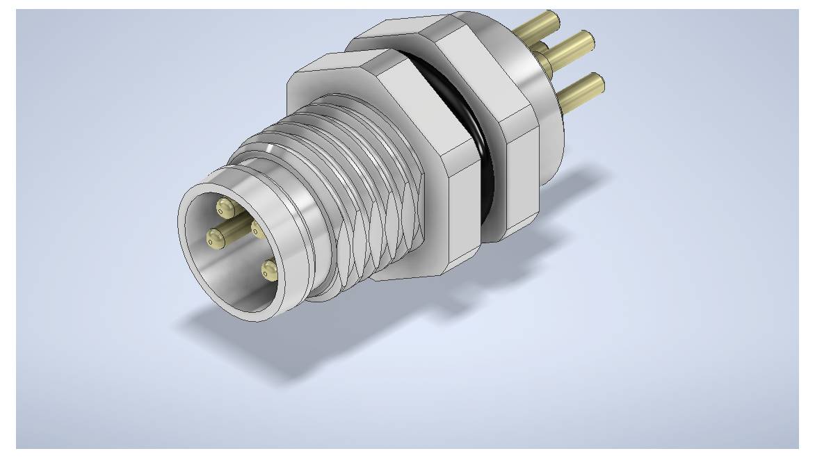 Metal circular electrical connector with threaded body, front socket and three gold pins on the rear, shown on a light blue background.