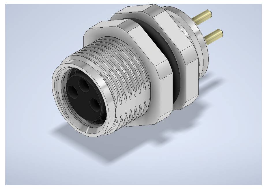 A metal circular electrical connector with threaded front and two rear pins on a light blue background.