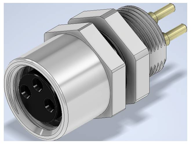 Close-up rendering of a circular metal electrical connector with threaded body, hex nut, black socket face, and two rear pins<br>