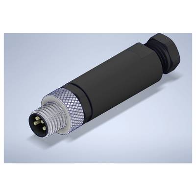 3D rendering of a black cylindrical connector cable with a threaded metal plug and knurled grip, shown on a light background.<br>