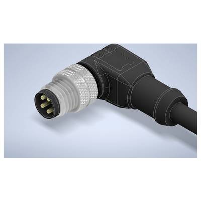 Close-up of a black right-angle electrical cable connector with a threaded silver metal tip and five exposed pins.<br>