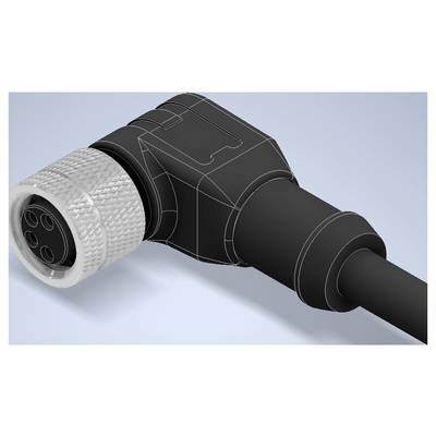 3D render of a black right-angle electrical cable connector with a silver knurled coupling and attached black cable on a light blue background.
