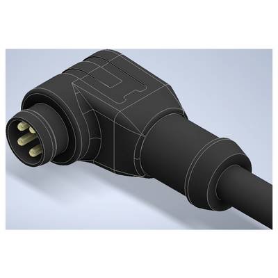 Close-up 3D rendering of a black electrical power connector plug with metal pins and attached cable.<br>