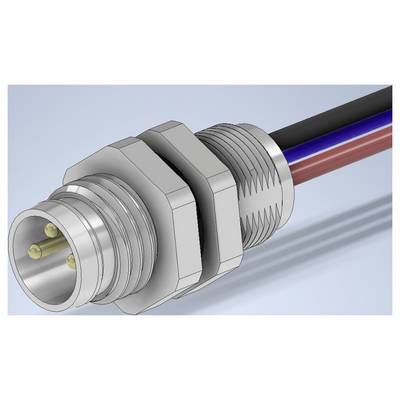 Close-up of a metal cable connector with three colored wires, shown in perspective against a light blue background.
