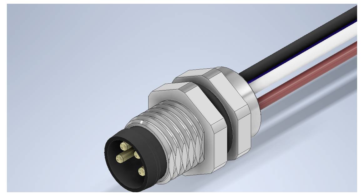 Close-up of a threaded circular electrical connector with three pins, attached to black, red, and white cables.