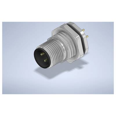 3D rendering of a threaded circular metal panel connector with pins, shown angled on a light blue background.