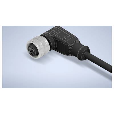 Close-up of a black industrial cable connector with a silver locking collar and attached cable on a light blue background.