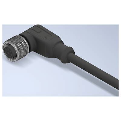 Close-up of a black right-angle industrial connector with a thick cable and silver threaded end, shown on a light blue background.