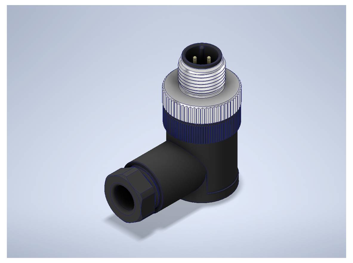 3D-rendered right-angle electrical connector with a threaded metal top and black cylindrical body on a light blue background.