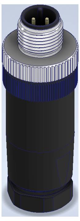 3D rendering of a cylindrical threaded metal connector or cap with a ribbed grip and two-pin top, shown upright against a light background