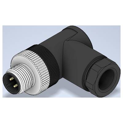 3D rendering of a right-angle industrial electrical connector with threaded plug and cable gland, shown in black and silver.<br>