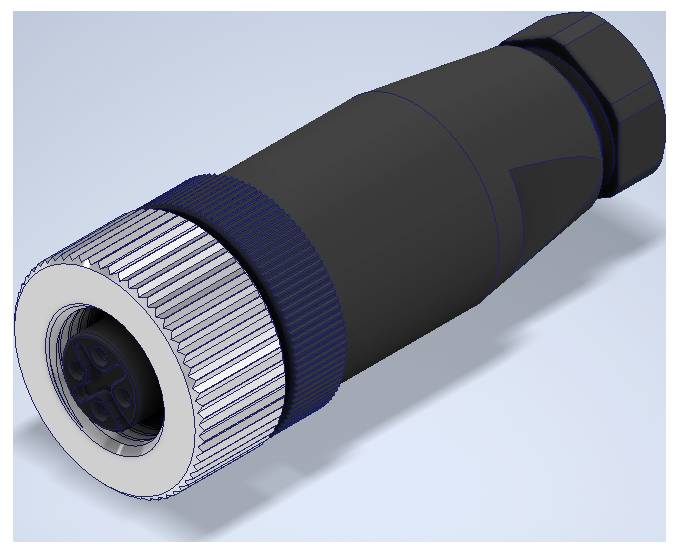 3D render of a black cylindrical electrical connector with a silver knurled front ring and recessed socket end.<br>