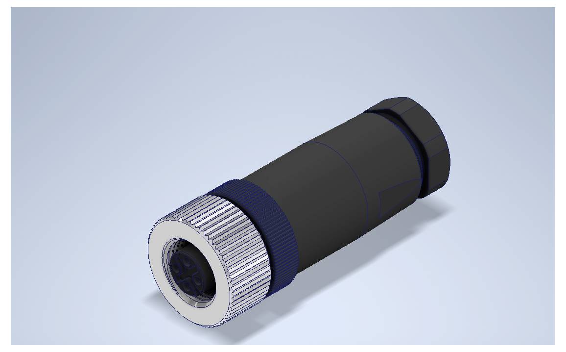 Black cylindrical connector with silver knurled end cap on a light blue background, shown in 3D perspective.
