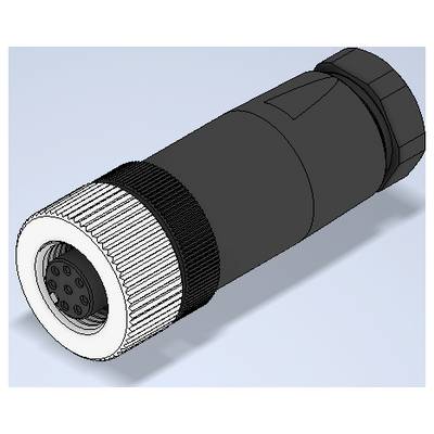 A cylindrical multi-pin electrical connector with a knurled white front collar and black body, shown in perspective on a light blue background.