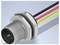 Close-up illustration of a metal threaded cable connector with three colored wires extending from the back.<br>